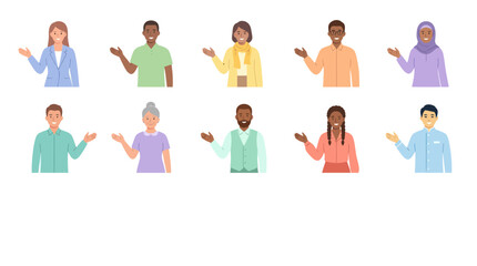 Fototapeta premium Diverse Business People Presenting Welcome Gesture Flat Vector Icons Set