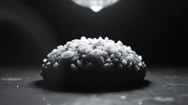 Artistic monochrome close-up of a cookie topped with chunks, illuminated by a spotlight, with dramatic lighting