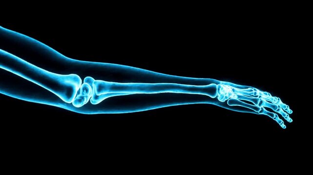Blue Glowing X ray Illustration of Human Arm and Hand Skeleton on Black Background