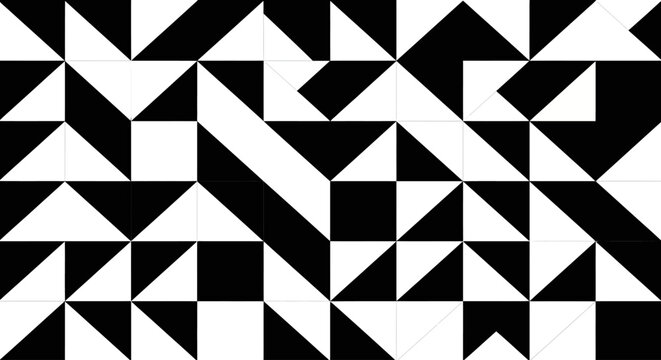 Dynamic abstract geometric pattern featuring an intricate black and white mosaic of triangles creating a captivating visual effect and a modern aesthetic background
