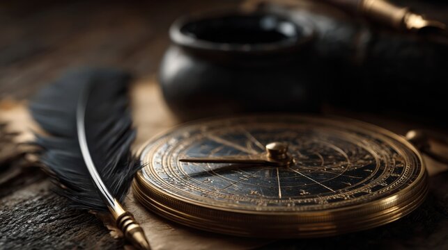 Antique brass astrolabe next to black quill on wooden desk