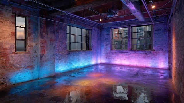 Vibrant Industrial Empty Room with Exposed Brick Walls, Concrete Floor, and Colorful Uplighting Interior