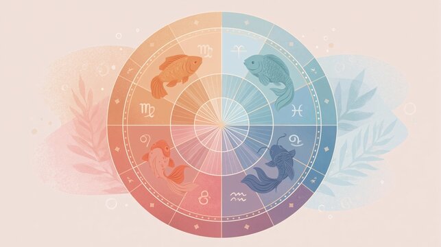 Zodiac wheel with fish symbols in pastel gradient circle