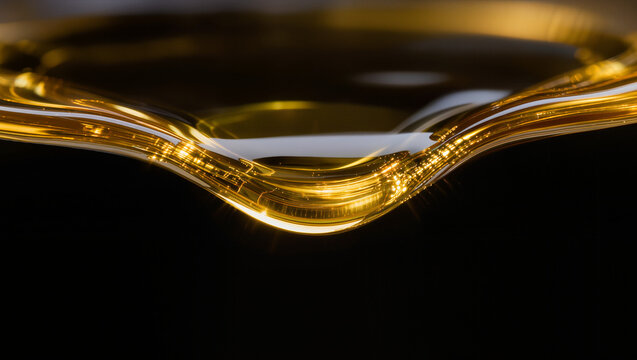 Macro Close-up of Golden Olive Oil Surface Wave on Dark Background, Luxury Liquid Gold Food Cooking Oil Texture