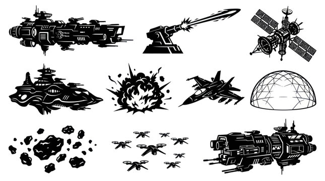 Sci-fi Space Ships Drones Satellites And Weapons Black White Line Art