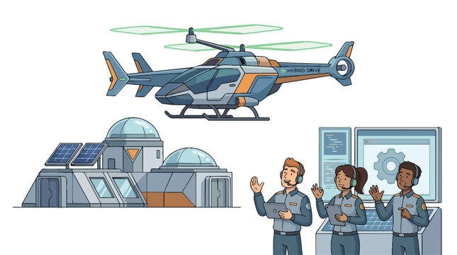 Future Transportation Concept with Hybrid Electric Helicopter and Sustainable Energy Facility with Control Center Workers
