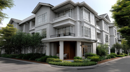 Fototapeta premium Modern villa corner view white facade large window lush garden residential luxury contemporary peaceful urban