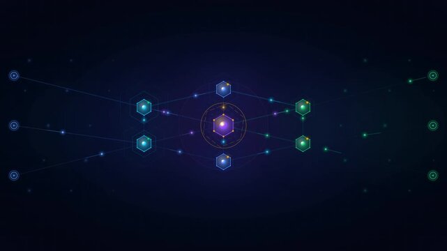 Abstract digital network visualization with glowing hexagonal nodes and connecting lines on a dark blue background