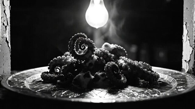 Steaming octopus tentacles arranged on a plate in vintage black and white restaurant kitchen setting