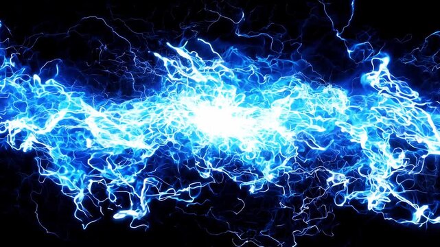 Bright blue electric energy flows continuously across a dark background, showcasing dynamic movement and patterns