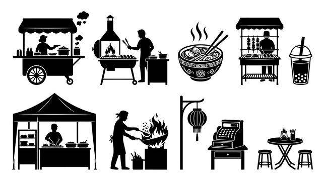 Black and White Icons of Asian Food Stalls and Street Food