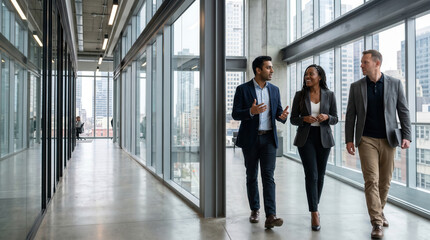 Obraz premium Diverse Business Professionals Walking in Modern Office Hallway