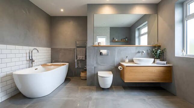 Modern Grey Bathroom with Freestanding Bathtub and Floating Wood Vanity