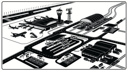 Naklejka premium Black and White Airport and Train Station with Airplanes and Trains