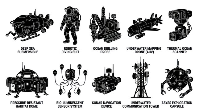 Underwater Ocean Exploration Technology Glyph Icons Set: Deep Sea Vehicles, Suits, Habitats