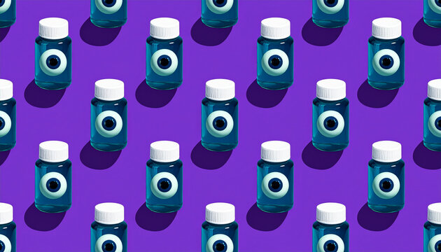 Specimen jar floating eyeball abstract pattern repeated surreal blue purple glass medical laboratory creative seamless background science curiosity collection oddity unique fantasy whimsical