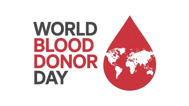 A logo for World Blood Donor Day with a red drop of blood and a map of the world