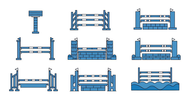Blue horse jumping obstacles set.