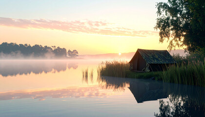 Fototapeta premium Calm lake sunrise with mist camouflage tent tranquil water reeds serene landscape peaceful morning outdoor camping nature reflection wide view soft light