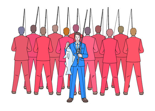 Business concept. Many businessmen in red suits are fishing representing a Red Ocean Strategy, A businessman in a blue suit holds a fish in his hand representing a blue Ocean Strategy. Illustration.
