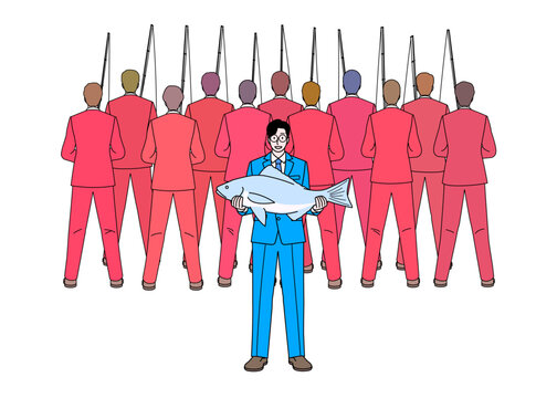 Business concept. Many businessmen in red suits are fishing representing a Red Ocean Strategy, A businessman in a blue suit holds a fish in his hand representing a blue Ocean Strategy. Illustration.