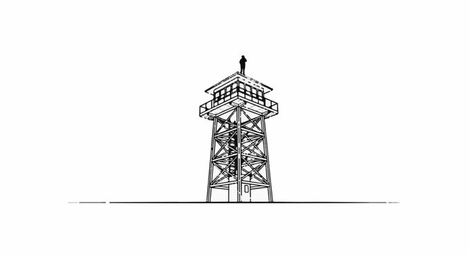 A solitary figure stands atop a stark, skeletal watchtower against a white background