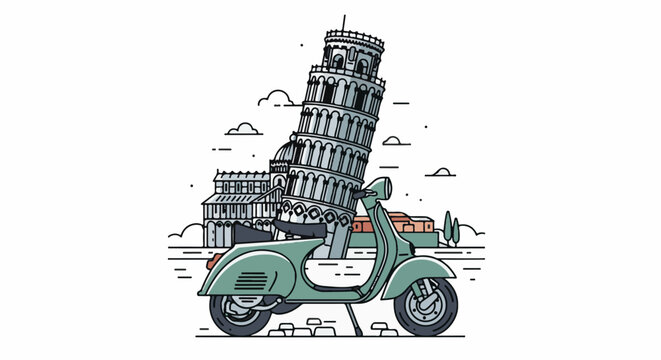 A tilted tower is parked on a retro scooter with Italian architecture