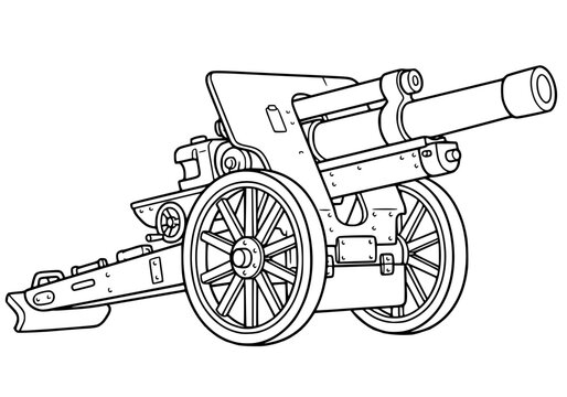 WWII military field howitzer line art, vintage artillery cannon vector illustration