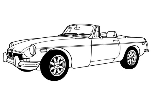 Classic 1970s British sports car line art, vintage convertible roadster vector illustration