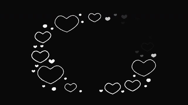 Hand-drawn heart frame animation forming an oval shape, appearing clockwise, rotating several times before fading out.