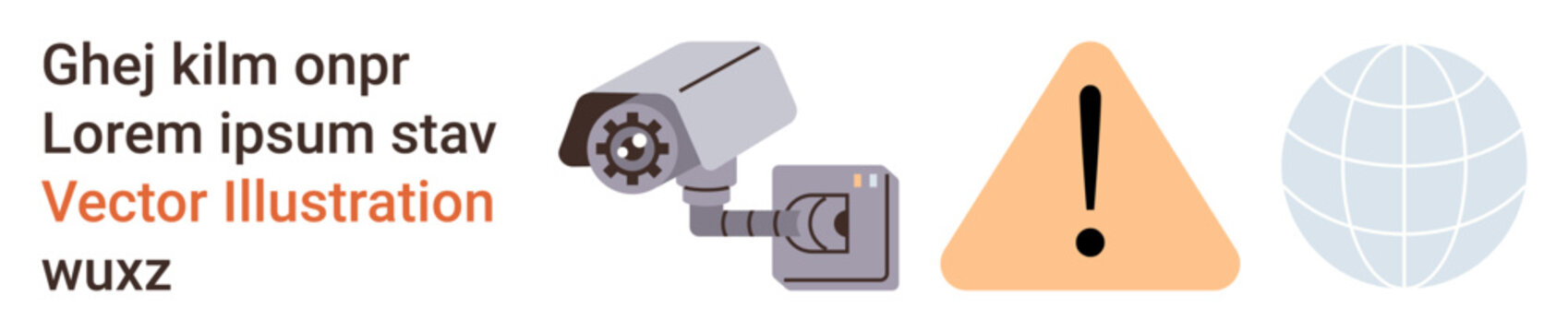 Digital security, online safety, global connectivity, cybersecurity, surveillance, warning systems. A surveillance camera, warning sign and globe graphics. Digital security and online safety concept