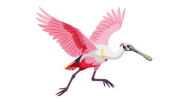 Beautiful Roseate Spoonbill Bird in Flight Vector Illustration with Pink Wings and Spoon-Shaped Bill Isolated on White