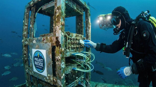 Scuba diver inspecting submerged data center server rack underwater. Ocean technology and sustainable cloud computing concept