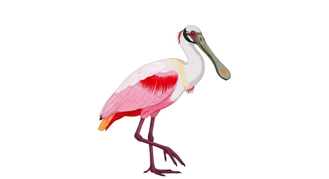 Roseate Spoonbill Illustration - Pink Wading Bird with Spatulate Bill Isolated on White Background