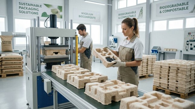 Factory workers producing sustainable biodegradable packaging. Female employee inspecting eco-friendly molded pulp tray. Green manufacturing industry concept