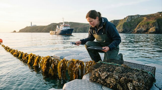 Female aquaculture worker measuring seaweed on a floating farm pontoon. Marine biologist inspecting kelp and oysters with a boat in the background