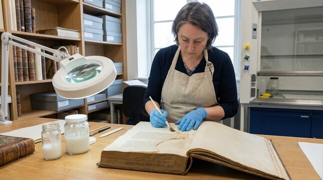 Professional conservator restoring an antique book in a laboratory. Woman repairing historical manuscript with brush and gloves