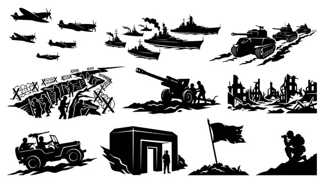 Military Warfare Elements Silhouette Vector Art Set