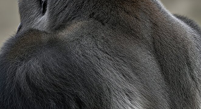 Detailed close up view capturing the thick dark gray fur texture of a wild silverback mountain gorilla back