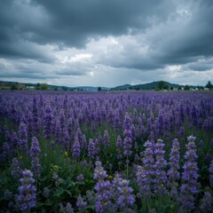 Obraz premium A field of blooming purple flowers under a cloudy sky rural landscape lush field
