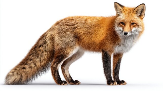Red fox standing alertly on a clean white background, showcasing its bushy tail and fur