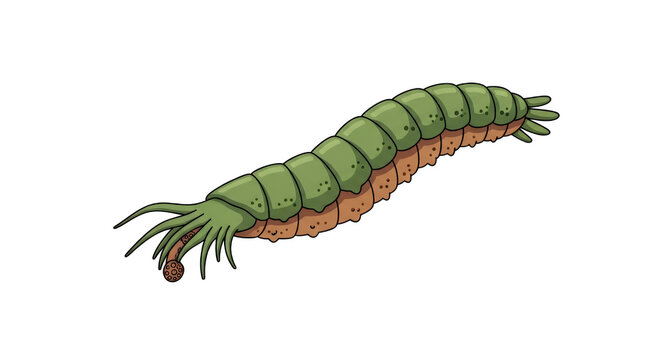 Stylized Green and Brown Segmented Insect Larva Character Illustration Isolated on White Background