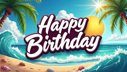 Obraz premium Happy birthday text floats on tropical beach with ocean waves and palm trees. Sunny day with bright sun and blue sky. Seashells on sand near water. Festive summer celebration background.