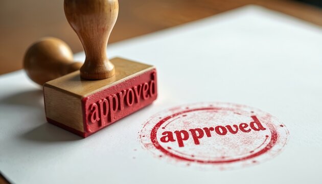 Rubber stamp with approved word printed red on white paper. Official document marking confirmation of consent, validation of project, granting authorization.