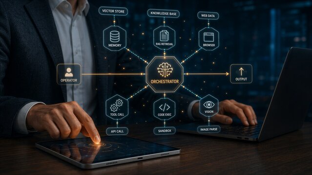 Business Professional Orchestrating AI Agents Workflow with Named Tool Nodes for Technology Background