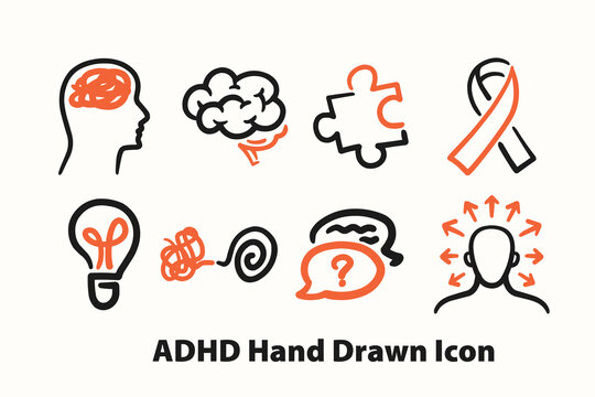 ADHD icon set with neurodiversity, hyperactivity, impulsivity, focus, distractibility, and concentration, colorful hand drawn vector.
