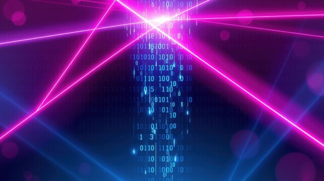 Bright pink lines intersect over binary code background. Blue light emanates from bottom center. Futuristic digital aesthetic.