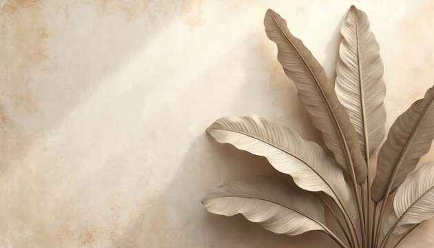Stylized banana leaves illustration with soft neutral tones and textured backdrop. Elegant botanical design with delicate shadows creates a tranquil, modern aesthetic for backgrounds.