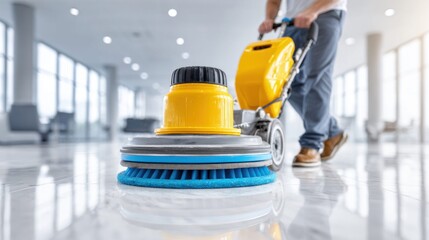 Fototapeta premium Professional cleaner using a floor scrubbing machine to polish a large marble floor in a modern building