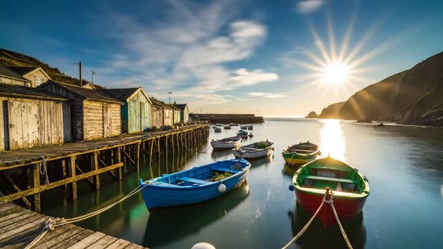 Tranquil harbor scene at sunrise with colorful fishing boats moored alongside wooden pier and weathered seaside buildings